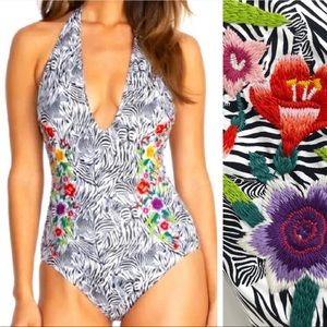 JOHNNY WAS Spring Halter Embroidered Floral Boho One Piece Swimsuit NEW Size XXL